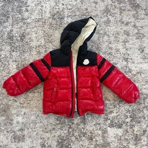 Moncler Kids Red and Black Puffer Jacket with Hood